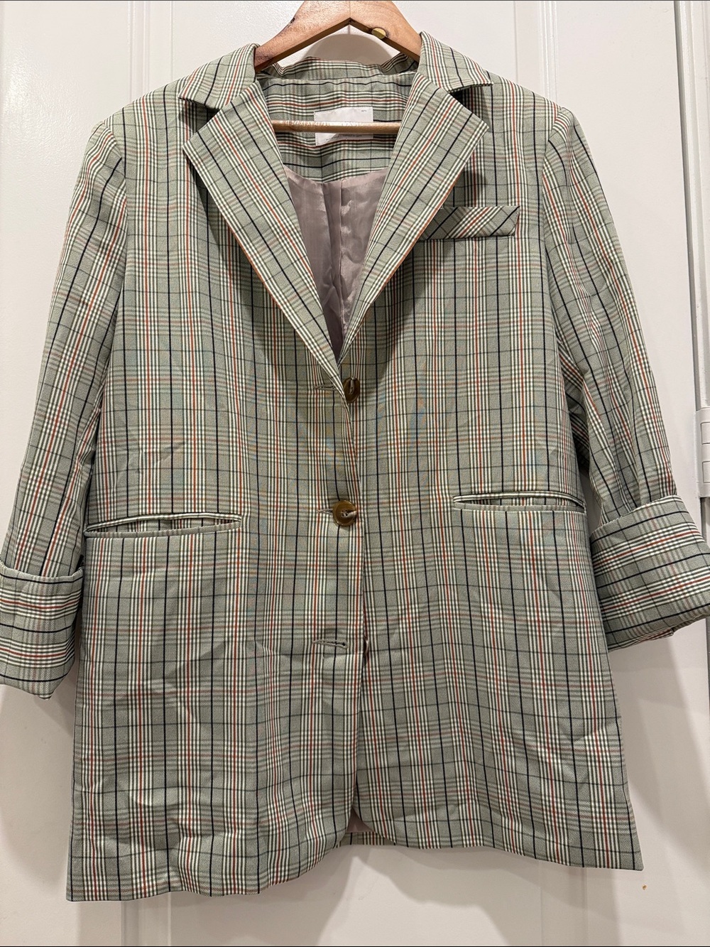 OAK + FORT Plaid Single-Breasted Blazer in Sage with Black/Orange/white